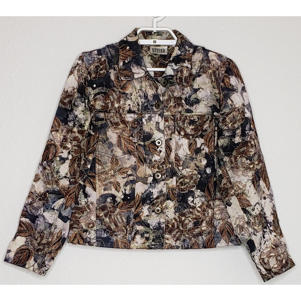 Chico's Womens Denim Jacket Size 0 Multicolor Floral Print Metallic Beaded